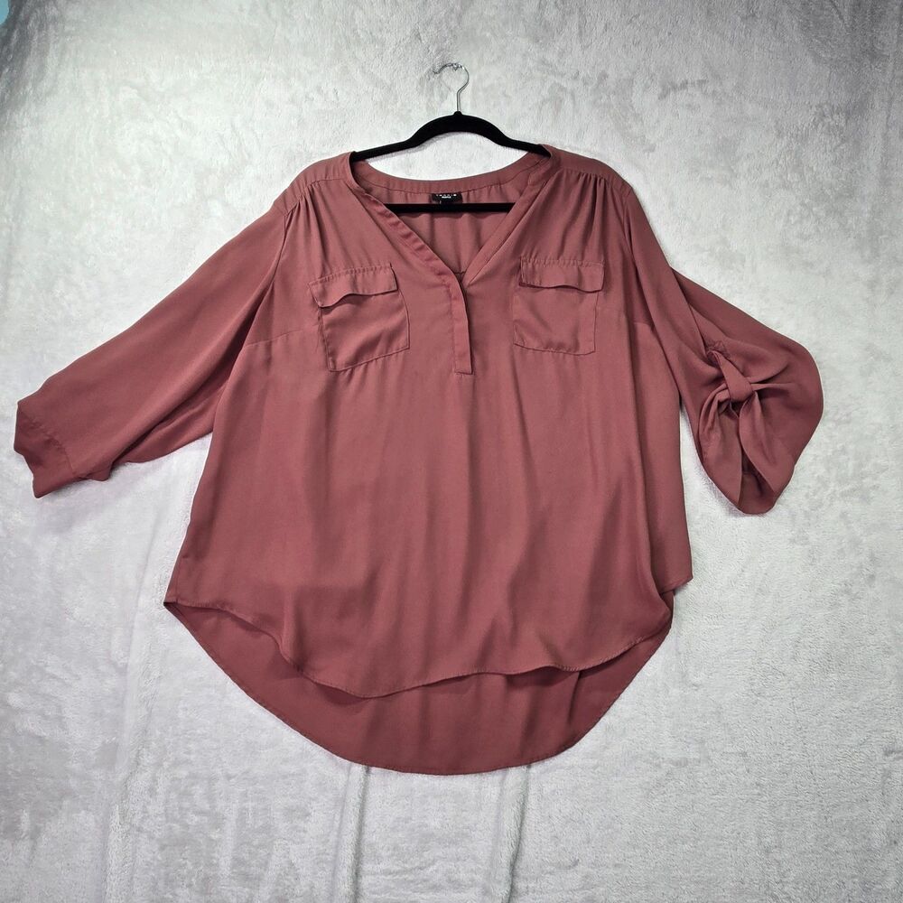 Torrid Harper Georgette Roll Tab Sleeve Blouse 1X Sz 1 Plus Dark Mauve Burgundy